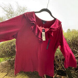 Chaps Woman Plus Size 1X Pullover Cotton Top with Ruffle Desert Pink NWT